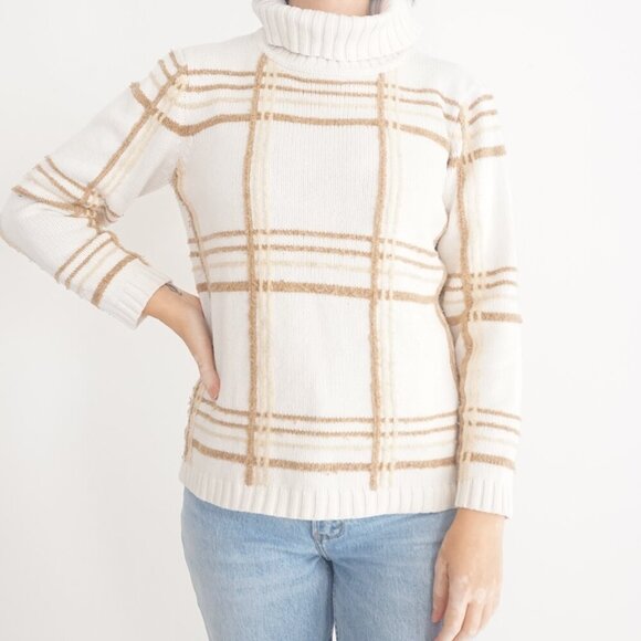 Vintage Liz Claiborne Cream w Brown Cross Pattern Knit Turtleneck Sweater S - Picture 1 of 10